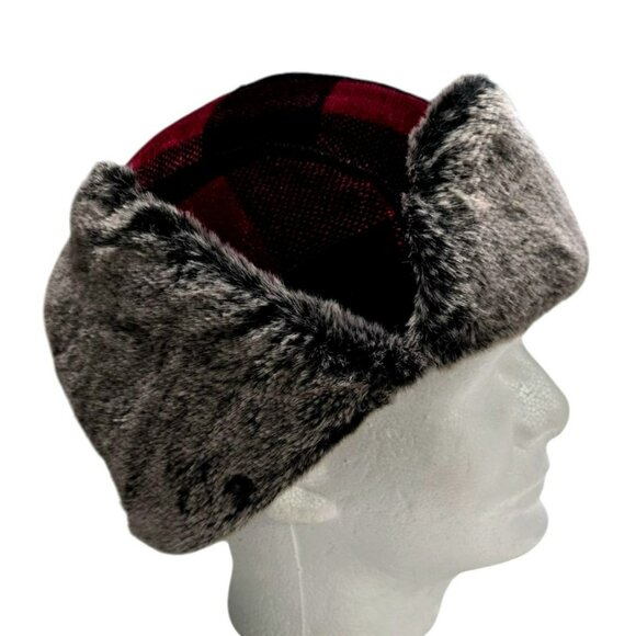 VTG Woolrich Trapper Hat Buffalo Plaid Ear Flaps Faux Fur-Lined Cap Red Black - Picture 3 of 12